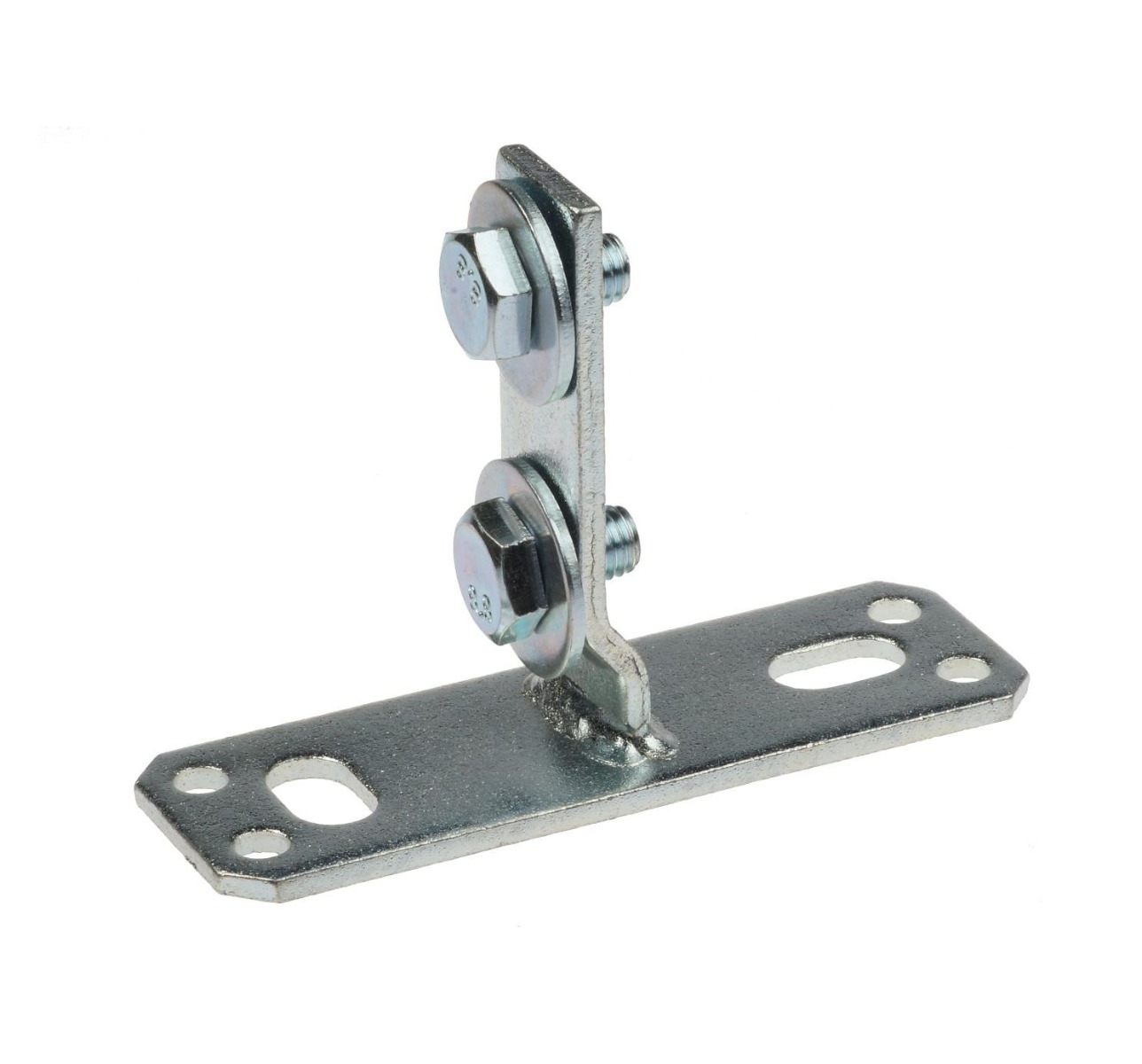 Zinc-plated steel support flange with a slotted mounting base and a vertical attachment piece secured by two bolts.