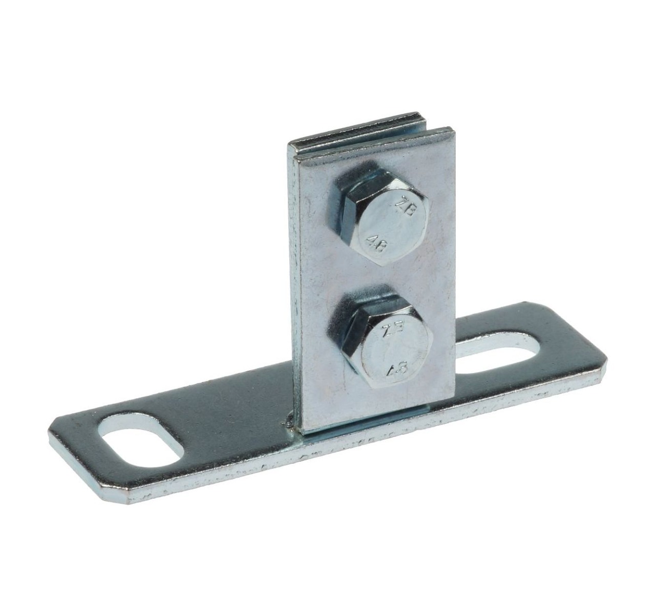 A zinc-plated metal support flange with a slotted flat base and a vertical bracket held by two hexagonal bolts.