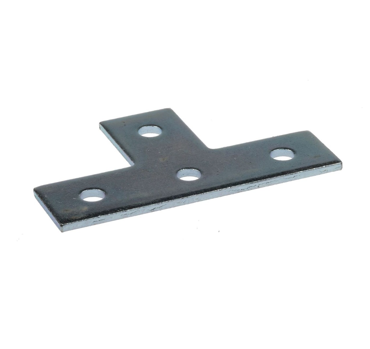 A flat T-shaped zinc-plated metal plate with four pre-drilled holes used to join 35/36 series support rail sections.
